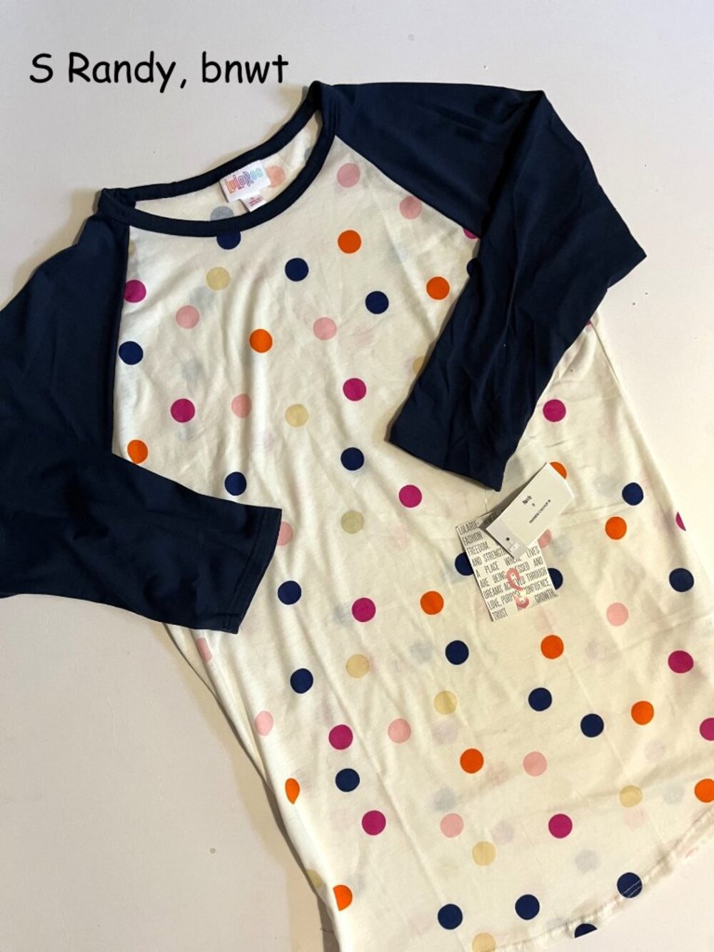 Small Lularoe Randy unisex raglan jersey top, white with dots, navy sleeves
